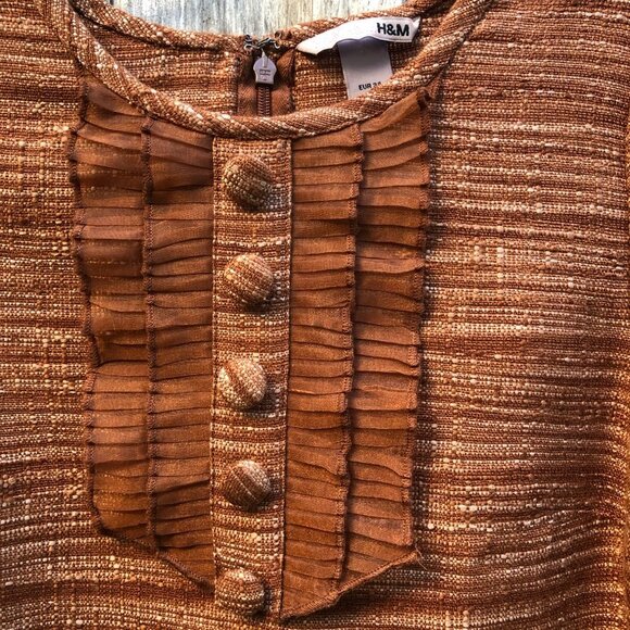 H&M Tweed Retro Mocha Brown Ruffle Front Shift Dress - Picture 4 of 7